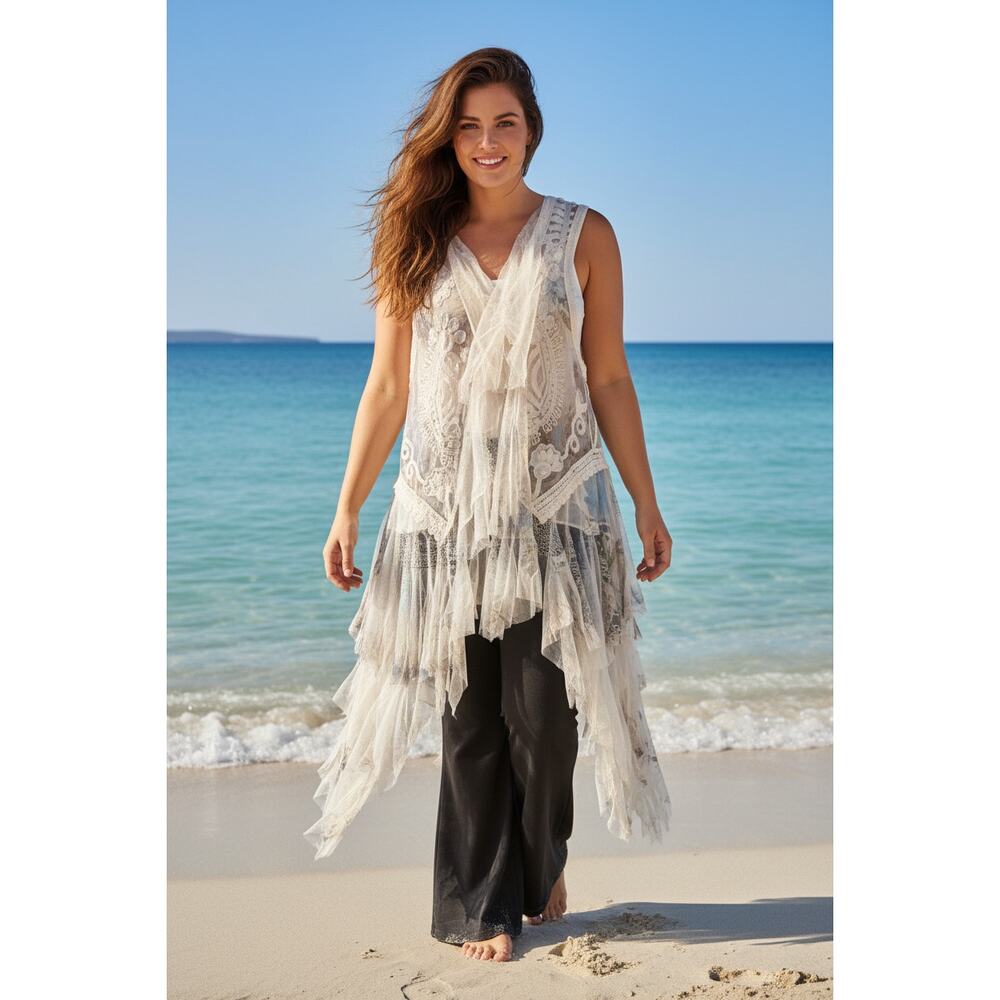 Origami Oversized Plus Size Ivory Multicolor Vest 1XL